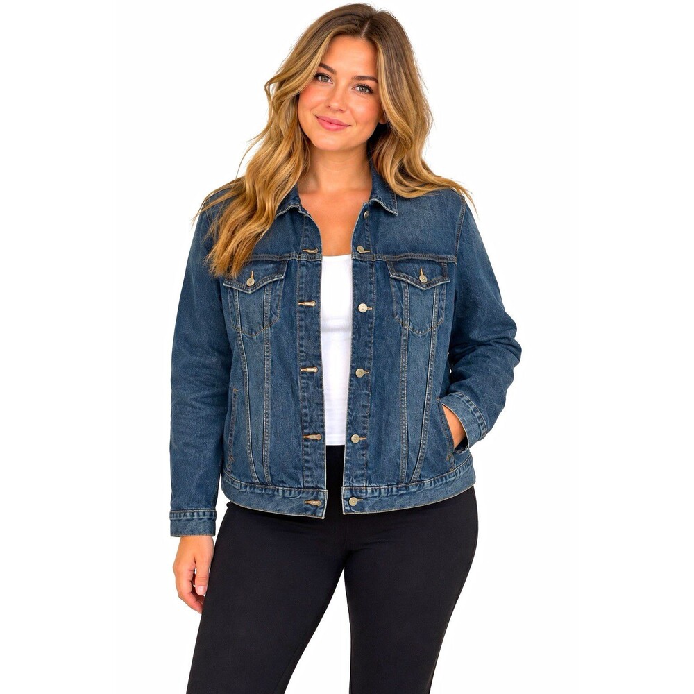 Womens XXL Denim Jean Jacket Trucker Dark Wash Classic Button Front Casual